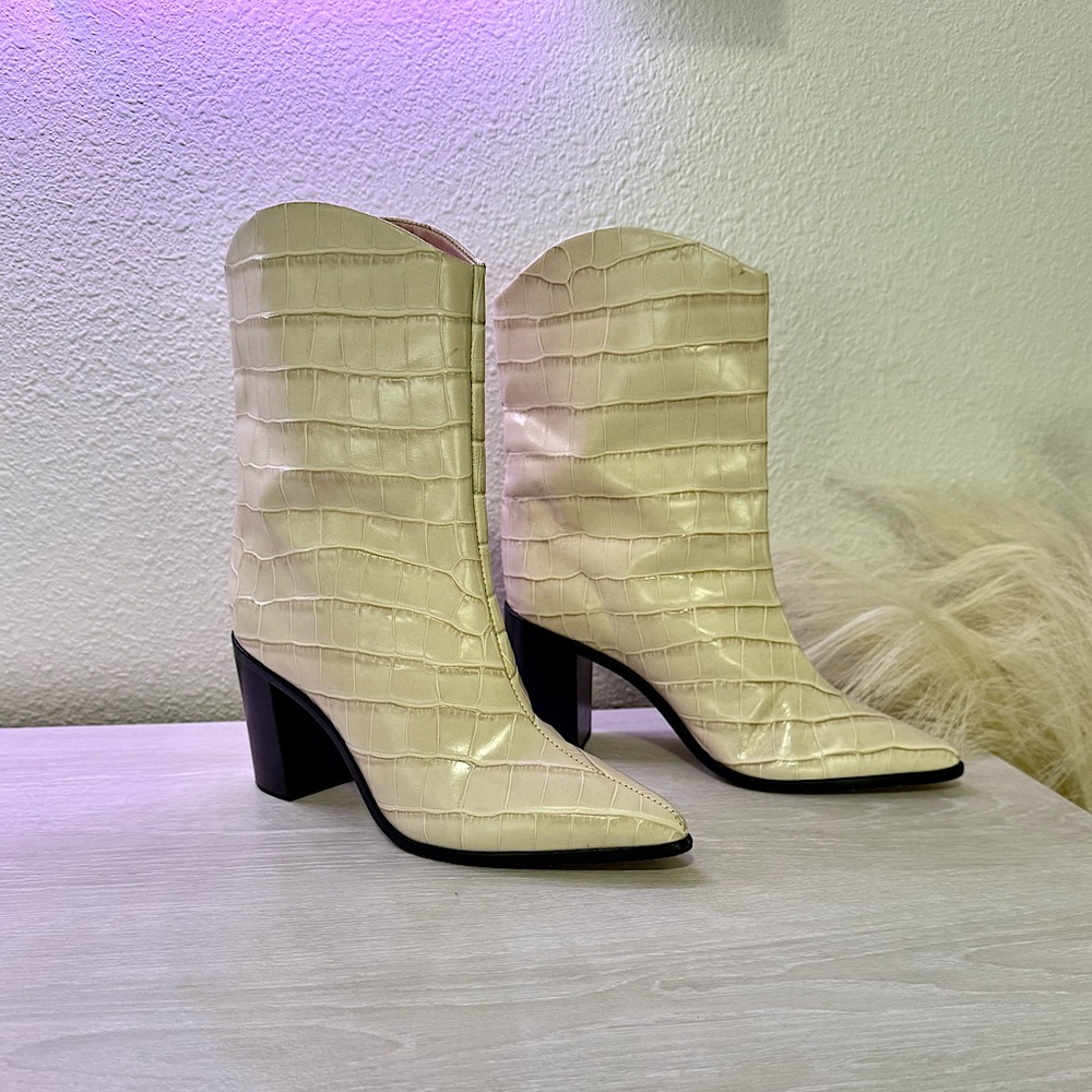 Schutz Cream and Black Croc Skin Cowboy Boot Leather Booties w Heel, 6.5